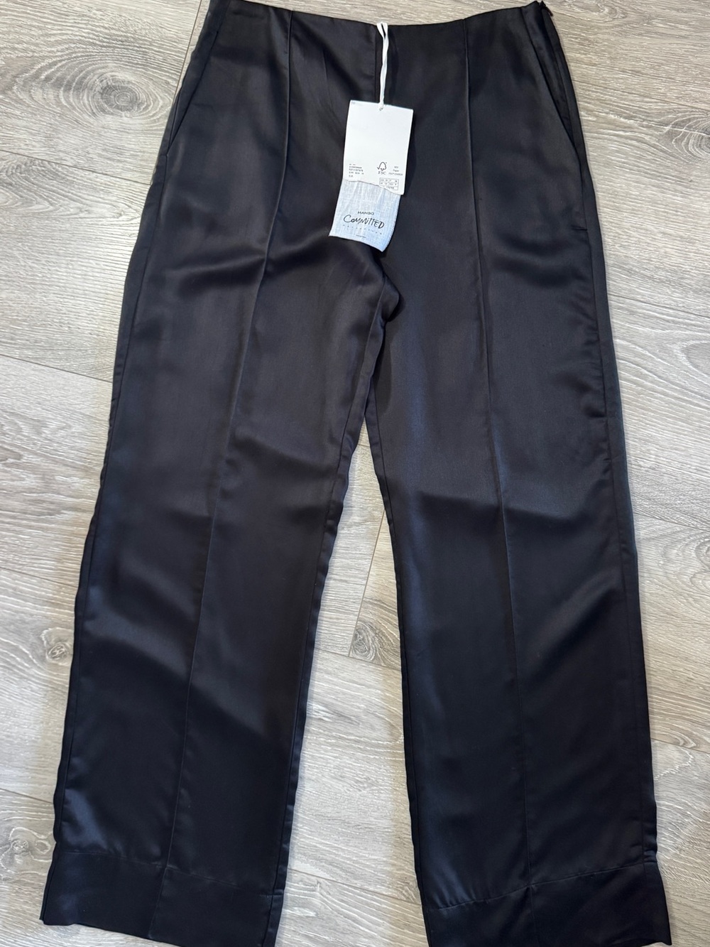 Mango Committed Black Satin Wide-Leg Trousers Pants NWT Sz 10 - Picture 2 of 14